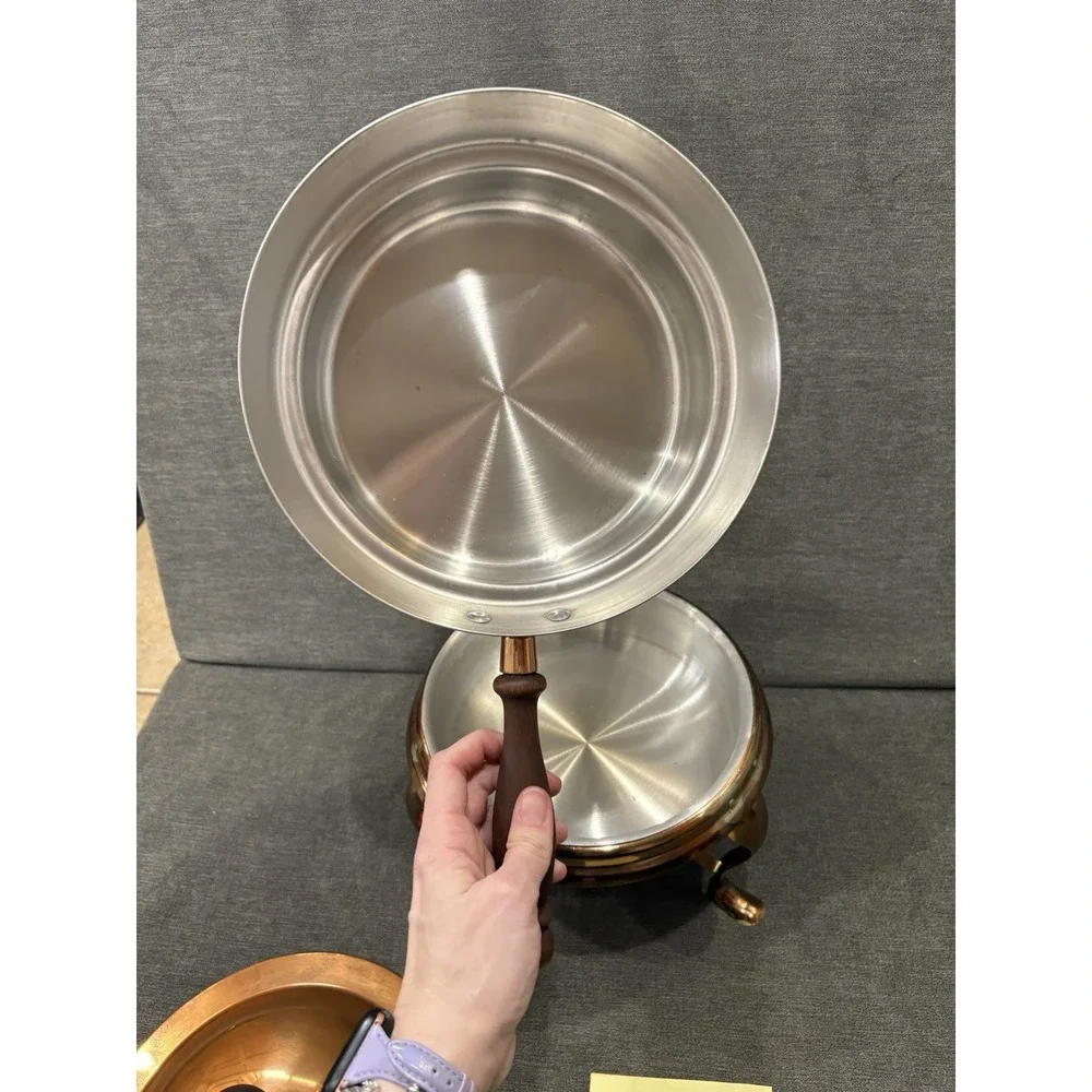 Large Copper Solid Brass Vintage Pan Dish Heavy Chafing Fondue Pot & Pasta 9